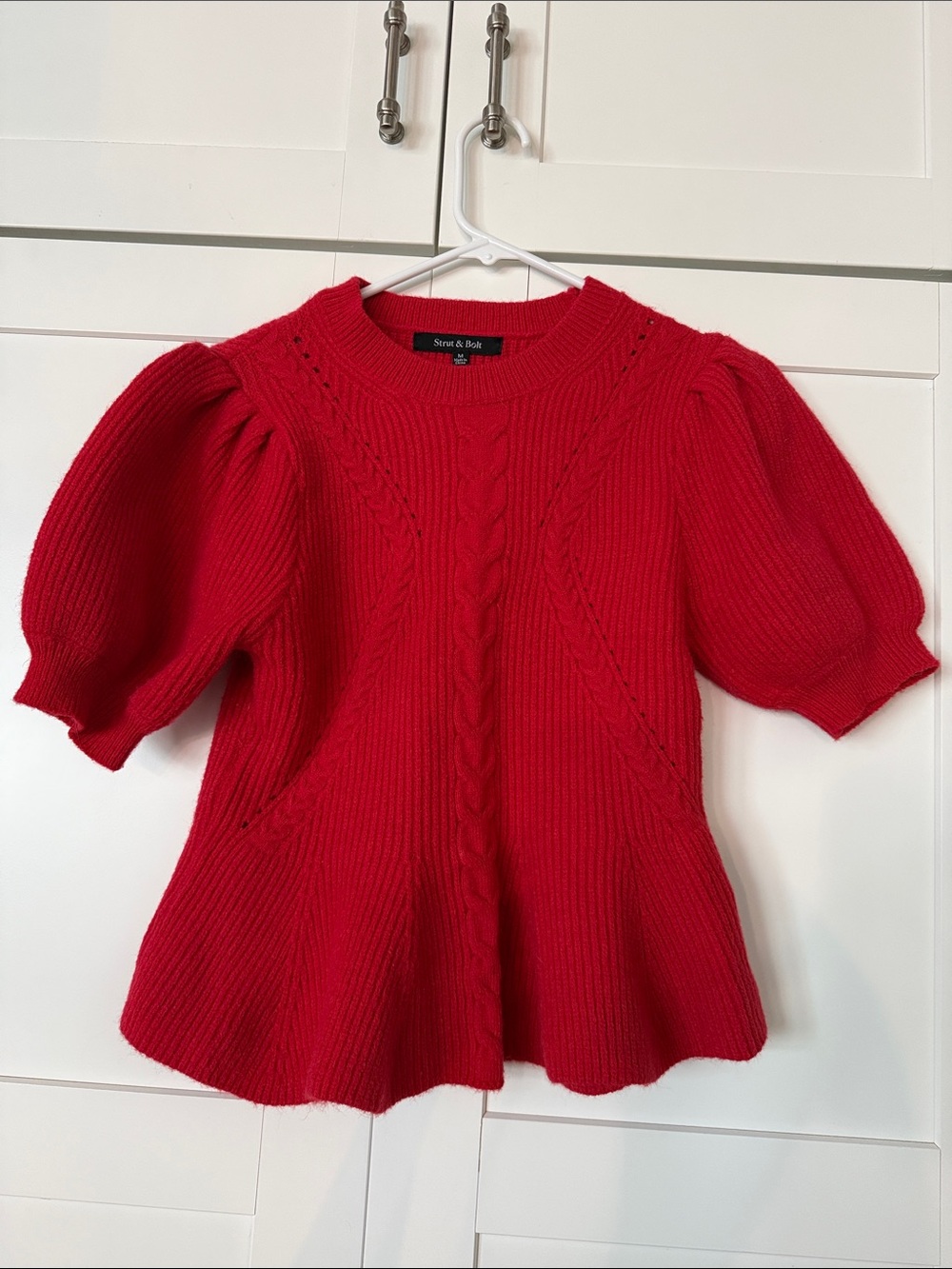 Strut and Bolt Cable-Knit Puff Sleeve Sweater